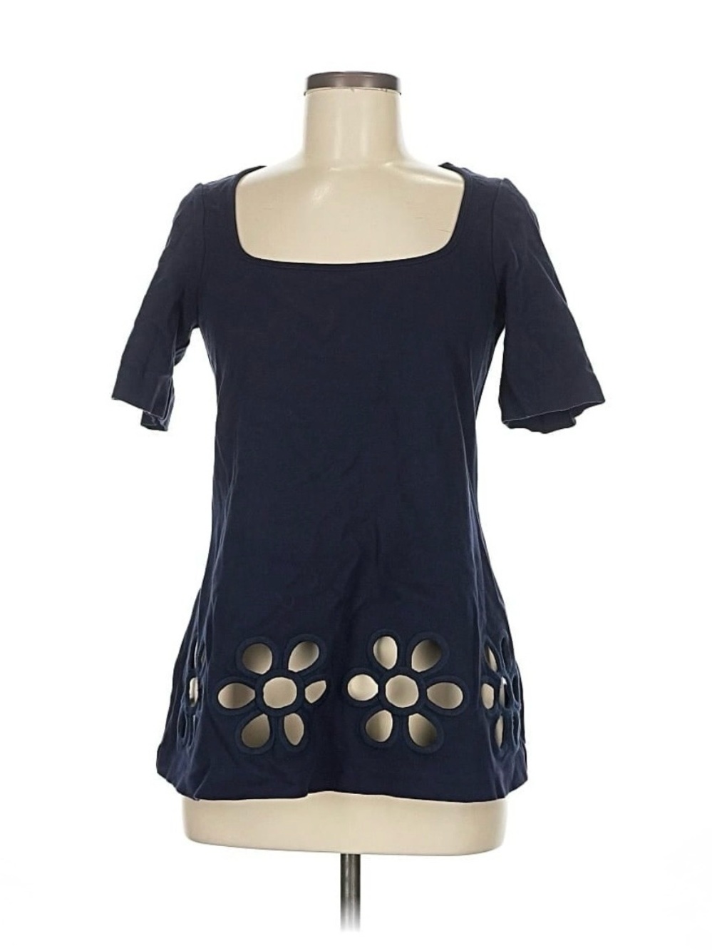 Rebecca Taylor Women's Navy Square-Neck Short Sleeve with Cutout Flower Detail